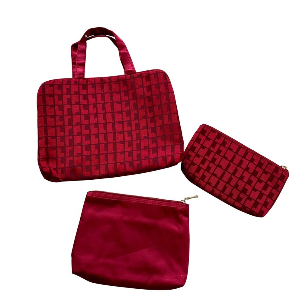 VTG Y2K Worldwide Dreams Geometric 3 p Set Burgundy Travel Toiletry Cosmetic Bag